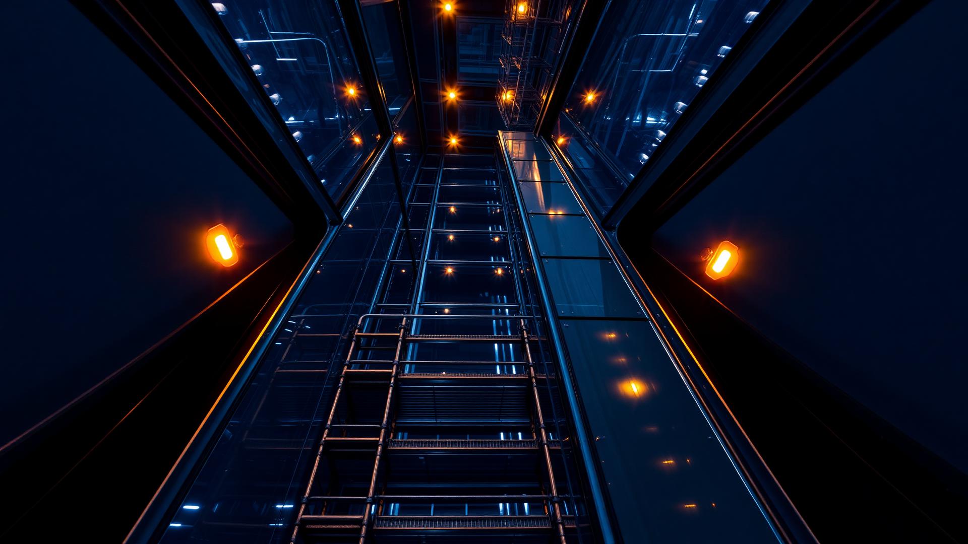 Looking up a modern elevator shaft under installation