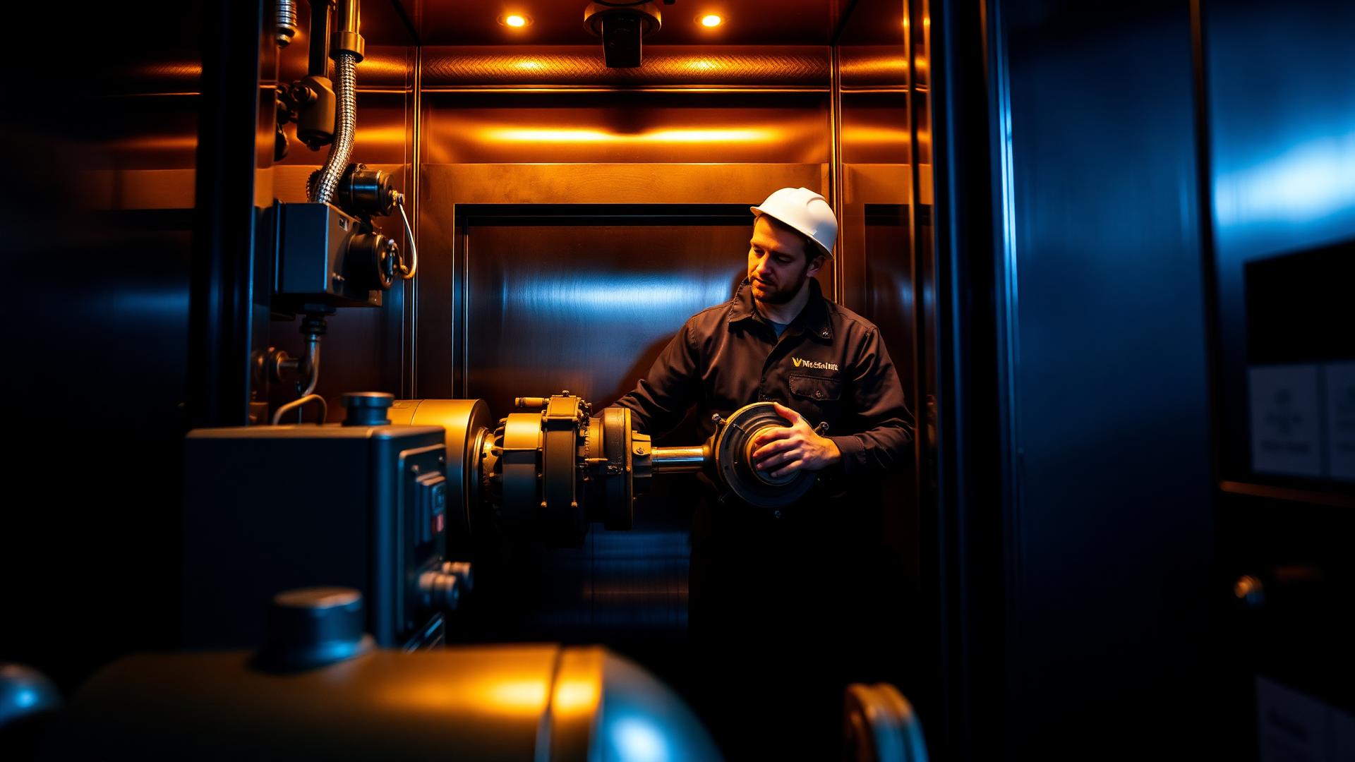 Technician inspecting an elevator traction motor in a machine room