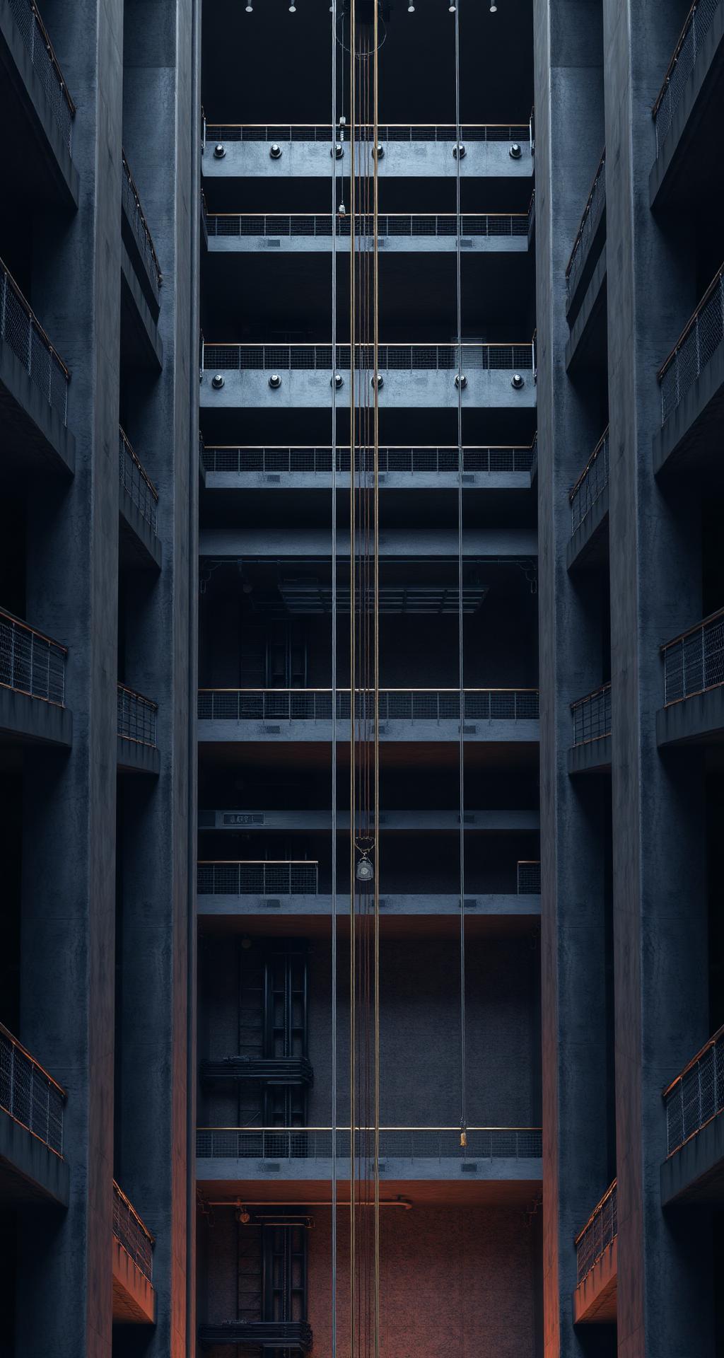 View up a modern elevator hoistway between floors